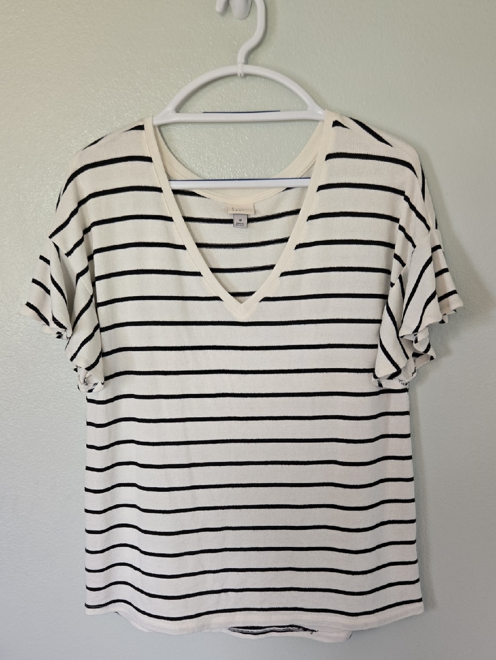 A New Day | White And Black Short Ruffle Sleeve Striped Sweater Top Size Medium